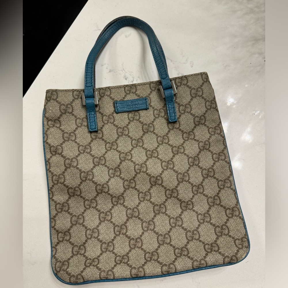 Gucci Beige/turquoise GG Supreme Canvas and Leather small Tote vintage